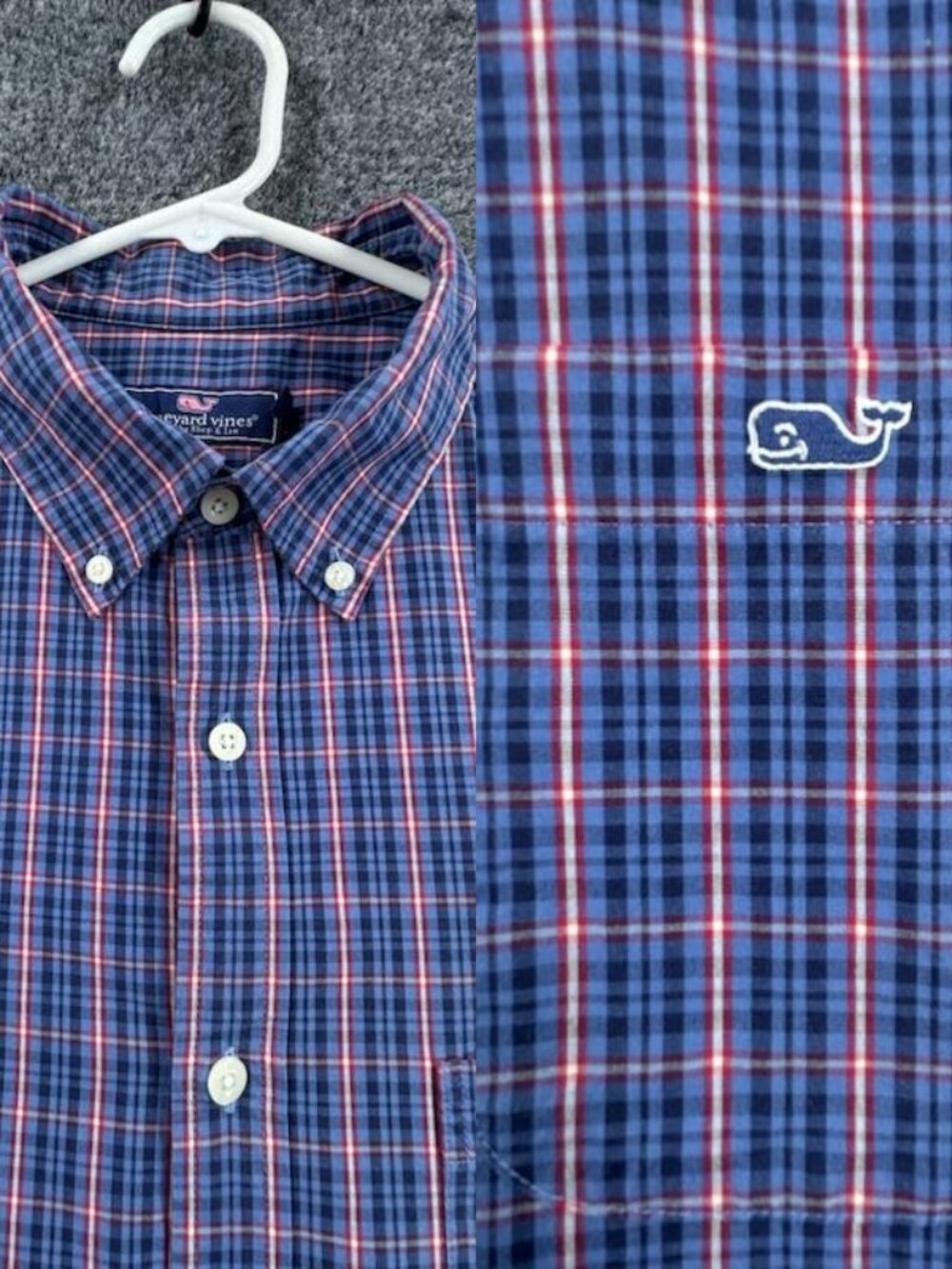 Vineyard Vines Button-Down Logo Men Blue Red Plaid Large Long Sleeve Pocket